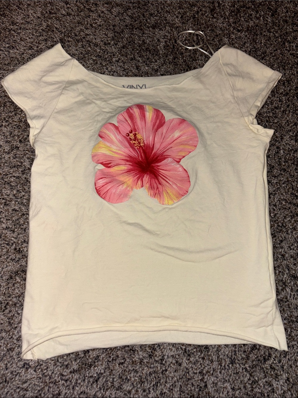 Women’s Yellow off the shoulder Tee with Pink Floral Graphic